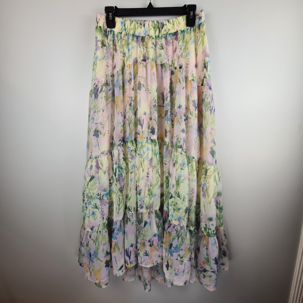 Carly Jean Los Angeles Floral Tiered Maxi Skirt Medium Pastel Boho Prarie  Fairy